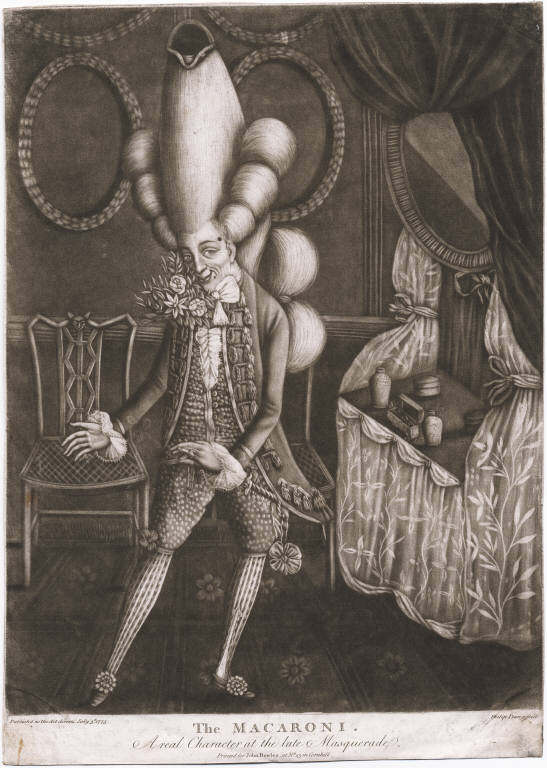 18th century drawing of a man in macaroni fashion in his dressing room